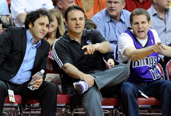 LAS VEGAS - OCTOBER 13:  (L-R) Brothers George Maloof, Gavin Maloof and Joe Maloof watch a preseason game between the Sacramento Kings and the Los Angeles Lakers at the Thomas & Mack Center October 13, 2010 in Las Vegas, Nevada. The Lakers won 98-95. NOTE TO USER: User expressly acknowledges and agrees that, by downloading and/or using this Photograph, user is consenting to the terms and conditions of the Getty Images License Agreement.  (Photo by Ethan Miller/Getty Images)