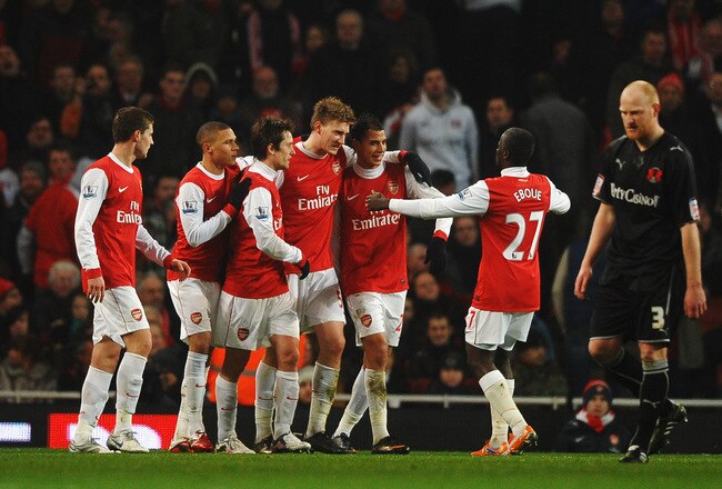 LONDON, UNITED KINGDOM - MARCH 02:  Nicklas Bendtner (4th left) of Arsenal celebrates with team mates after scoring during the FA Cup sponsored by E.ON 5th Round Replay match between between Arsenal and Leyton Orient at the Emirates Stadium on March 2, 2011 in London, England.  (Photo by Laurence Griffiths/Getty Images)