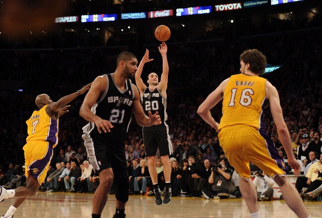 LOS ANGELES, CA - FEBRUARY 03:  Manu Ginobili #20 of the San Antonio Spurs shoots a jumper between Paul Gasol #16 and Lamar Odom #7 of the Los Angeles Lakers as Tim Duncan #21 heads to the basket at Staples Center on February 3, 2011 in Los Angeles, California.  NOTE TO USER: User expressly acknowledges and agrees that, by downloading and or using this photograph, User is consenting to the terms and conditions of the Getty Images License Agreement.  (Photo by Harry How/Getty Images)