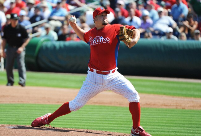 CLEARWATER, FL - FEBRUARY 27:  Pitcher Joe Blanton #56 of the  Philadelphia Phillies starts against the New York Yankees February 27, 2011 at Bright House Field in Clearwater, Florida.  (Photo by Al Messerschmidt/Getty Images)