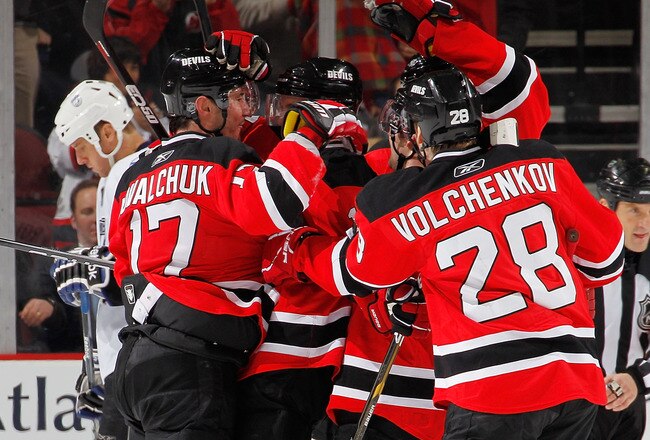 NEWARK, NJ - MARCH 02:  Ilya Kovalchuk #17 of the New Jersey Devils celebrates scoring what turned out to be the winning goal during the third period of an NHL hockey game against the Tampa Bay Lightning at the Prudential Center on March 2, 2011 in Newark, New Jersey. Devils won 2-1. (Photo by Paul Bereswill/Getty Images)