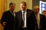 CHANTILLY, VA - MARCH 02:  NFL Commissioner Roger Goodell (C) leaves a meeting with NFL owners at a hotel on March 2, 2011 in Chantilly, Virginia. The NFL owners are meeting in Chantilly to discuss negotiations with the players union about a collective bargaining agreement that expires March 3, at midnight. (Photo by Rob Carr/Getty Images)