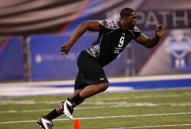 INDIANAPOLIS, IN - FEBRUARY 27: Offensive lineman Bruce Campbell of Maryland runs during practice drills during the NFL Scouting Combine presented by Under Armour at Lucas Oil Stadium on February 27, 2010 in Indianapolis, Indiana. (Photo by Scott Boehm/Getty Images)