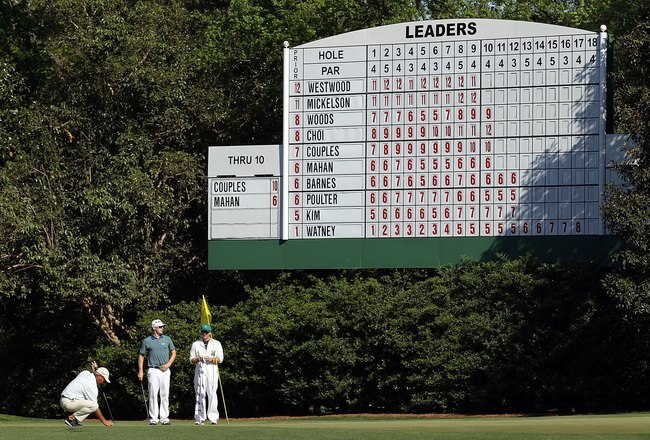 AUGUSTA, GA - APRIL 11:  Fred Couples and Hunter Mahan during the final round of the 2010 Masters Tournament at Augusta National Golf Club on April 11, 2010 in Augusta, Georgia.  (Photo by Streeter Lecka/Getty Images for Golf Week)