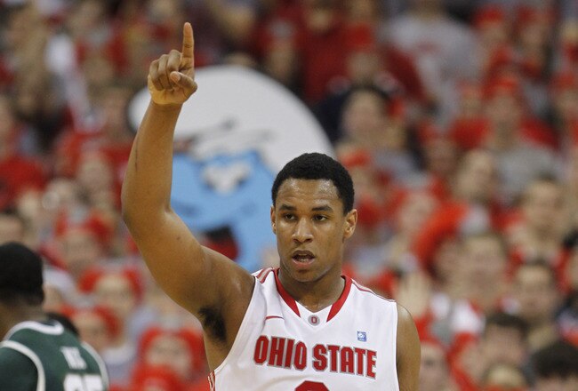 COLUMBUS, OH - FEBRUARY 15:  Jared Sullinger #0 of the Ohio State Buckeyes reacts while playing the Michigan State Spartans on February 15, 2011 at Value City Arena in Columbus, Ohio.  (Photo by Gregory Shamus/Getty Images)