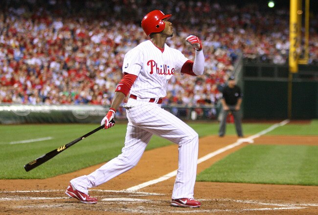 PHILADELPHIA - SEPTEMBER 25: Right fielder Domonic Brown #9 of the Philadelphia Phillies bats during a game against the New York Mets at Citizens Bank Park on September 25, 2010 in Philadelphia, Pennsylvania. The Mets won 5-2. (Photo by Hunter Martin/Getty Images)