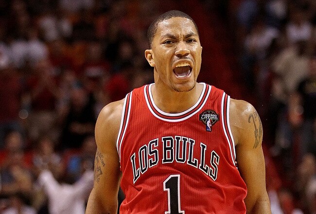 MIAMI, FL - MARCH 06:  Derrick Rose #1 of the Chicago Bulls reacts after making a key 3 pointer during a game against the Miami Heat at American Airlines Arena on March 6, 2011 in Miami, Florida. NOTE TO USER: User expressly acknowledges and agrees that, by downloading and/or using this Photograph, User is consenting to the terms and conditions of the Getty Images License Agreement.  (Photo by Mike Ehrmann/Getty Images)