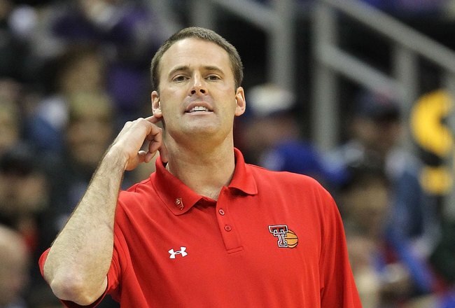 KANSAS CITY, MO - MARCH 11:  Head coach Pat Knight of the Texas Tech Red Raiders reacts while taking on the Kansas Jayhawks during the quarterfinals of the 2010 Phillips 66 Big 12 Men's Basketball Tournament at the Sprint Center on March 11, 2010 in Kansas City, Missouri.  (Photo by Jamie Squire/Getty Images)