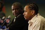 AUBURN HILLS, MI - NOVEMBER 04: Allen Iverson #1 of the Detroit Pistons is introduced at press conference President of Basketball Operations Joe Dumars after being traded from the Denver Nuggets on November 4, 2008 at the Palace of Auburn Hills in Auburn Hills, Michigan. NOTE TO USER: User expressly acknowledges and agrees that, by downloading and or using this photograph, User is consenting to the terms and conditions of the Getty Images License Agreement.  (Photo by Gregory Shamus/Getty Images)
