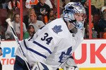 PHILADELPHIA - MARCH 03:  James Reimer #34 of the Toronto Maple Leafs in action against oThe Philadelphia Flyers during their game on March 3, 2011 at The Wells Fargo Center in Philadelphia, Pennsylvania.  (Photo by Al Bello/Getty Images)