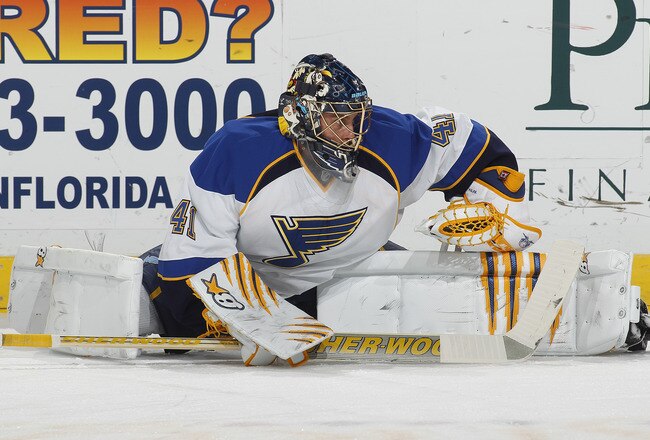 SUNRISE, FL - FEBRUARY 8: Goaltender Jaroslav Halak #41 of the St. Louis Blues stretches prior to the NHL game against of the Florida Panthers on February 8, 2011 at the BankAtlantic Center in Sunrise, Florida. The Blues defeated the Panthers 2-1. (Photo by Joel Auerbach/Getty Images)