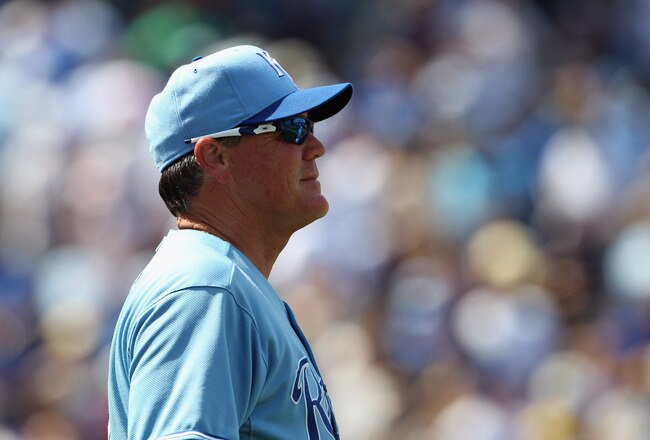 KANSAS CITY, MO - AUGUST 15:  Manager Ned Yost #2 of the Kansas City Royals walks to the mound during the game against the New York Yankees on August 15, 2010 at Kauffman stadium in Kansas City, Missouri.  (Photo by Jamie Squire/Getty Images)