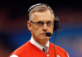 NEW ORLEANS, LA - JANUARY 04: Head coach Jim Tressel of the Ohio State Buckeyes looks on against the Arkansas Razorbacks during the Allstate Sugar Bowl at the Louisiana Superdome on January 4, 2011 in New Orleans, Louisiana. (Photo by Matthew Stockman/Getty Images)