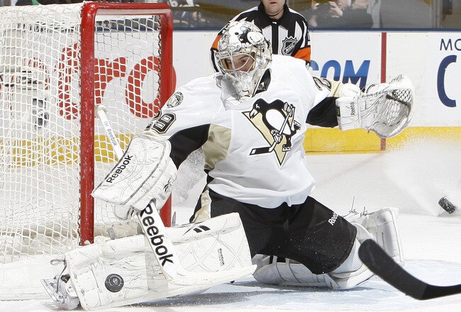 TORONTO, CANADA - FEBRUARY 26: Marc-Andre Fleury #29 of the Pittsburgh Penguins makes a save during the game against the Toronto Maple Leafs at the Air Canada Centre February 26, 2011 in Toronto, Ontario, Canada. (Photo by Abelimages/Getty Images)