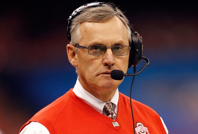 NEW ORLEANS, LA - JANUARY 04:  Head coach Jim Tressel of the Ohio State Buckeyes looks on against the Arkansas Razorbacks during the Allstate Sugar Bowl at the Louisiana Superdome on January 4, 2011 in New Orleans, Louisiana.  (Photo by Matthew Stockman/Getty Images)