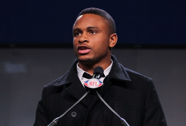 DALLAS, TX - FEBRUARY 04:  Walter Payton NFL Man of the Year Award finalist Nnamdi Asomugha of the Oakland Raiders speaks during a press conference at the Super Bowl XLV media center on February 4, 2011 in Dallas, Texas. The Green Bay Packers will play the Pittsburgh Steelers in Super Bowl XLV on February 6, 2011 at Cowboys Stadium in Arlington, Texas.  (Photo by Doug Pensinger/Getty Images)