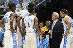 CHAPEL HILL, NC - FEBRUARY 27:  Head coach Roy Williams of the North Carolina Tar Heels talks to his team during their game against the Maryland Terrapins at the Dean E. Smith Center on February 27, 2011 in Chapel Hill, North Carolina.  (Photo by Streeter Lecka/Getty Images)