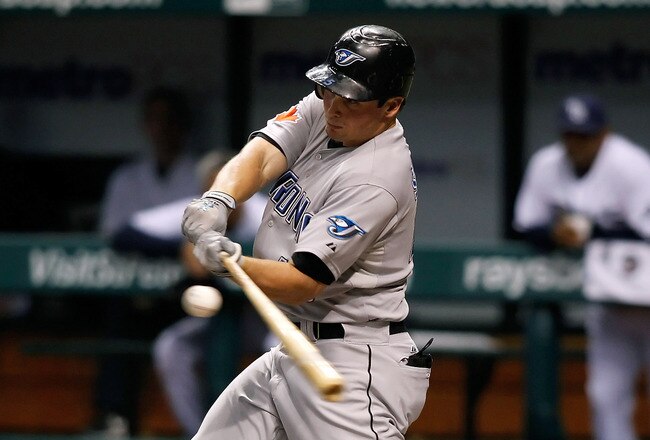 ST PETERSBURG, FL - AUGUST 31:  Outfielder Travis Snider #45 of the Toronto Blue Jays fouls off a pitch against the Tampa Bay Rays during the game at Tropicana Field on August 31, 2010 in St. Petersburg, Florida.  (Photo by J. Meric/Getty Images)