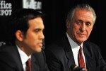 MIAMI - JULY 09:  Head coach Erik Spoelstra (L) and President Pat Riley (R)  of the Miami Heat talk during a press conference after a welcome party for new teammates LeBron James, Dwyane Wade, and Chris Bosh at American Airlines Arena on July 9, 2010 in Miami, Florida.  (Photo by Doug Benc/Getty Images)