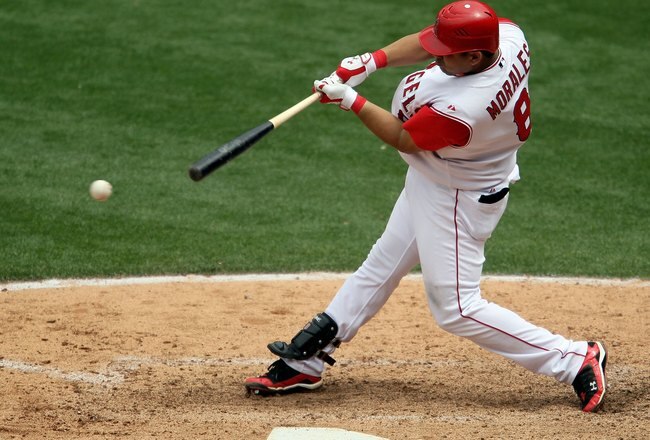 ANAHEIM, CA - MAY 16:  Kendry Morales #8 the Los Angeles Angels of Anaheim bats against the Oakland Athletics at Angel Stadium on May 16, 2010 in Anaheim, California. The Angels defeated the Athletics 4-0.  (Photo by Jeff Gross/Getty Images)