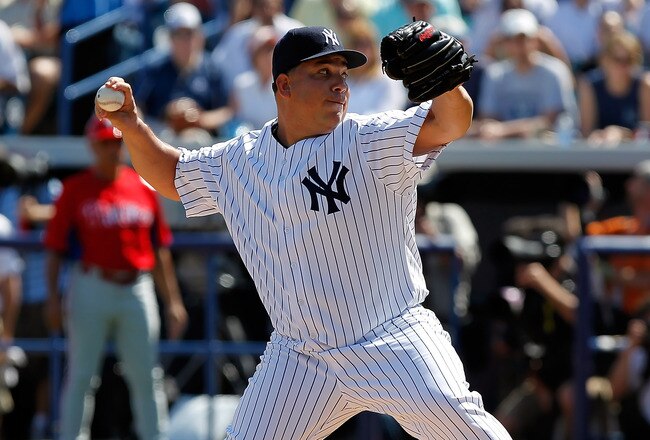 TAMPA, FL - FEBRUARY 26:  Pitcher Bartolo Colon #40 of the New York Yankees pitches against the Philadelphia Phillies during a Grapefruit League Spring Training Game at George M. Steinbrenner Field on February 26, 2011 in Tampa, Florida.  (Photo by J. Meric/Getty Images)