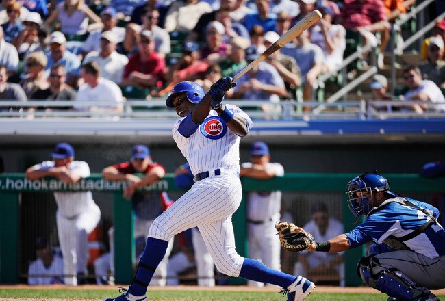 MESA, AZ - MARCH 09: Alfonso Soriano #12 of the Chicago Cubs swings at a pitch against the Kansas City Royals during the spring training baseball game at HoHoKam Stadium on March 9, 2011 in Mesa, Arizona.  (Photo by Kevork Djansezian/Getty Images)