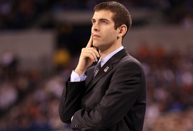 INDIANAPOLIS - APRIL 05:  Head coach Brad Stevens of the Butler Bulldogs looks on in the first half while taking on the Duke Blue Devils during the 2010 NCAA Division I Men's Basketball National Championship game at Lucas Oil Stadium on April 5, 2010 in Indianapolis, Indiana. Duke won 61-59.  (Photo by Andy Lyons/Getty Images)