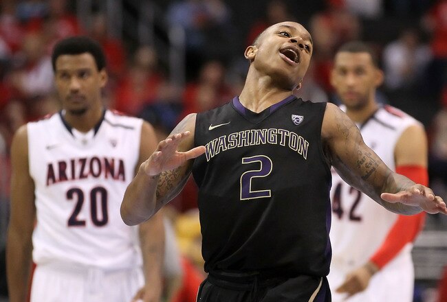 LOS ANGELES, CA - MARCH 12:  Isaiah Thomas #2 of the Washington Huskies reacts in overtime while taking on the Arizona Wildcats in the championship game of the 2011 Pacific Life Pac-10 Men's Basketball Tournament at Staples Center on March 12, 2011 in Los Angeles, California. The Huskies defeated the Wildcats 77-75 in overtime. (Photo by Jeff Gross/Getty Images)
