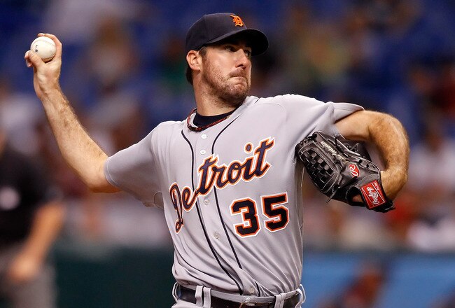ST. PETERSBURG - JULY 27:  Pitcher Justin Verlander #35 of the Detroit Tigers pitches against the Tampa Bay Rays during the game at Tropicana Field on July 27, 2010 in St. Petersburg, Florida.  (Photo by J. Meric/Getty Images)