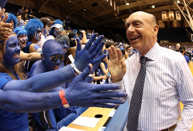 DURHAM, NC - MARCH 06:  ESPN analyst Dick Vitale celebrates with the Cameron Crazies before the start of the game between the North Carolina Tar Heels and Duke Blue Devils at Cameron Indoor Stadium on March 6, 2010 in Durham, North Carolina.  (Photo by Streeter Lecka/Getty Images)
