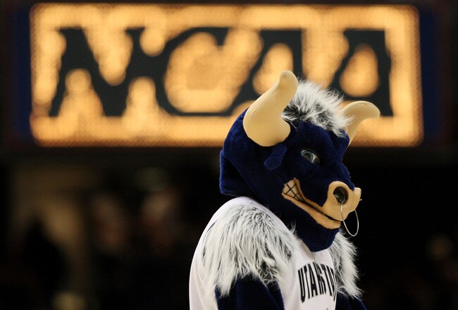 BOISE, ID - MARCH 20:  Big Blue, mascot of the Utah State Aggies stands on the court during the game against the Marquette Golden Eagles in the first round of the NCAA Division I Men's Basketball Tournament at the Taco Bell Arena on March 20, 2009 in Boise, Idaho.  (Photo by Jed Jacobsohn/Getty Images)
