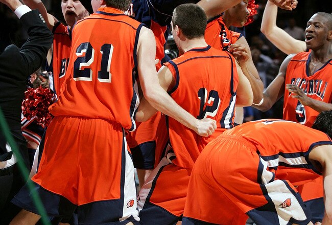 OKLAHOMA CITY - MARCH 18:  The Bucknell Bison celebrate their upset against the Kansas Jayhawks during the first round of the NCAA Men's Basketball Championship on March 18, 2005 at the Ford Center in Oklahoma City, Oklahoma.  Bucknell knocked off No. 3 seed Kansas 64-63.  (Photo by Ronald Martinez/Getty Images)