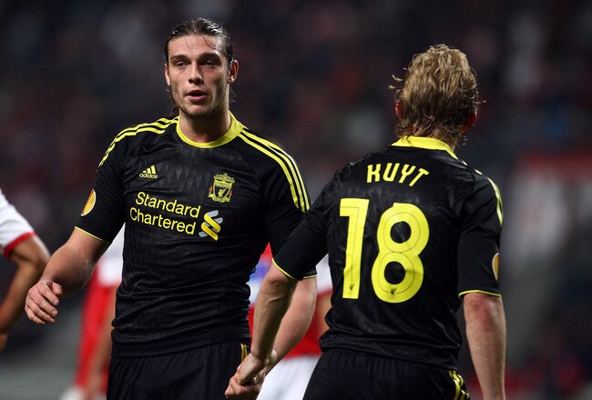 BRAGA, PORTUGAL - MARCH 10:  Andy Carroll of Liverpool with striking partner Dirk Kuyt of Liverpool  during the UEFA Europa League round of 16 first leg match between Braga and Liverpool at Estadio Municipal de Braga on March 10, 2011 in Braga, Portugal.  (Photo by Julian Finney/Getty Images)