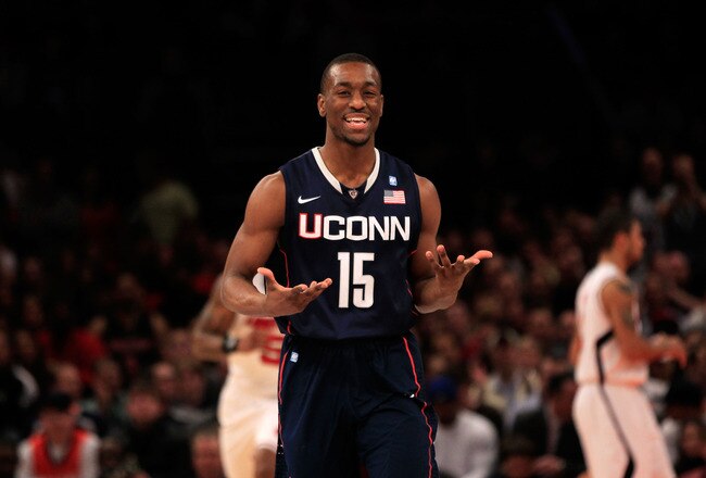 NEW YORK, NY - MARCH 12: Kemba Walker #15 of the Connecticut Huskies reacts after a play in the first half against the Louisville Cardinals during the championship of the 2011 Big East Men's Basketball Tournament presented by American Eagle Outfitters at Madison Square Garden on March 12, 2011 in New York City.  (Photo by Chris Trotman/Getty Images)