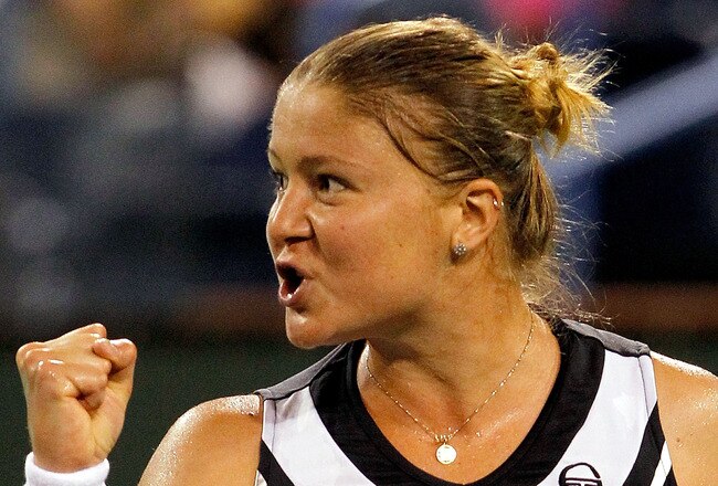 INDIAN WELLS, CA - MARCH 14:  Dinara Safina of Russia celebrates a point against Samantha Stosur of Australia during the BNP Paribas Open at the Indian Wells Tennis Garden on March 14, 2011 in Indian Wells, California.  (Photo by Matthew Stockman/Getty Images)