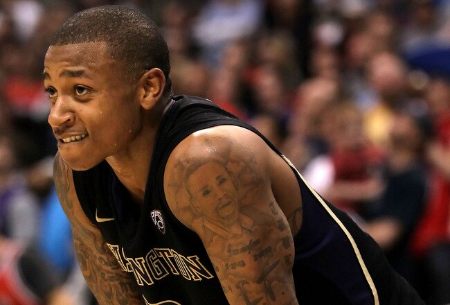LOS ANGELES, CA - MARCH 12:  Isaiah Thomas #2 of the Washington Huskies reacts while taking on the Arizona Wildcats in the championship game of the 2011 Pacific Life Pac-10 Men's Basketball Tournament at Staples Center on March 12, 2011 in Los Angeles, California.  (Photo by Jeff Gross/Getty Images)