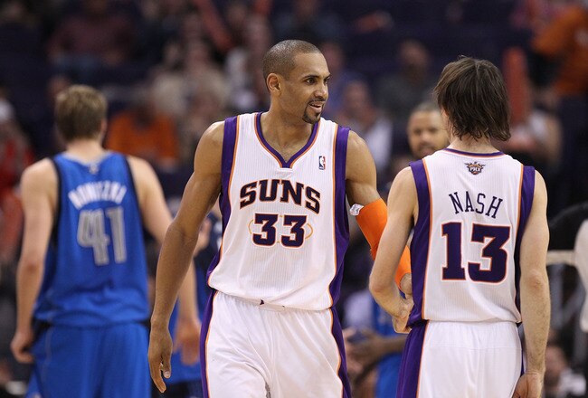 PHOENIX, AZ - FEBRUARY 17:  Grant Hill #33 and Steve Nash #13 of the Phoenix Suns during the NBA game against the Dallas Mavericks at US Airways Center on February 17, 2011 in Phoenix, Arizona.  The Mavericks defeated the Suns 112-106.  NOTE TO USER: User expressly acknowledges and agrees that, by downloading and or using this photograph, User is consenting to the terms and conditions of the Getty Images License Agreement.  (Photo by Christian Petersen/Getty Images)