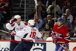 MONTREAL, CANADA - MARCH 15:  Mike Knuble #22 of the Washington Capitals celebrates his third period goal with team mate Marco Sturm #18 during the NHL game against the Montreal Canadiens at the Bell Centre on March 15, 2011 in Montreal, Quebec, Canada.  The Capitals defeated the Canadiens 4-2.  (Photo by Richard Wolowicz/Getty Images)