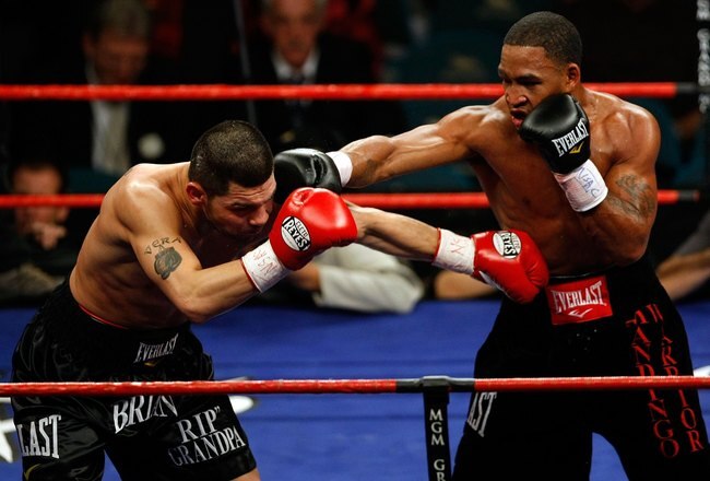 LAS VEGAS - NOVEMBER 22:  (R-L) James Kirkland connects with a right to the face of Brian Vera during their middleweight fight at the MGM Grand Garden Arena November 22, 2008 in Las Vegas, Nevada.  (Photo by Ethan Miller/Getty Images)