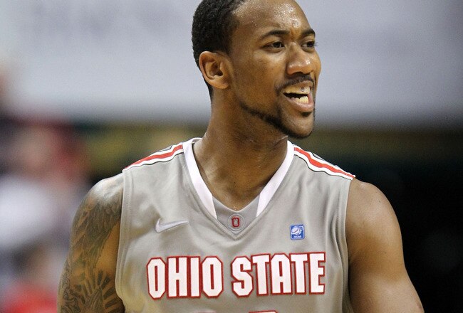 INDIANAPOLIS, IN - MARCH 13:  David Lighty #23 of the Ohio State Buckeyes reacts against the Penn State Nittany Lions during the championship game of the 2011 Big Ten Men's Basketball Tournament at Conseco Fieldhouse on March 13, 2011 in Indianapolis, Indiana. Ohio State won 71-60. (Photo by Andy Lyons/Getty Images)