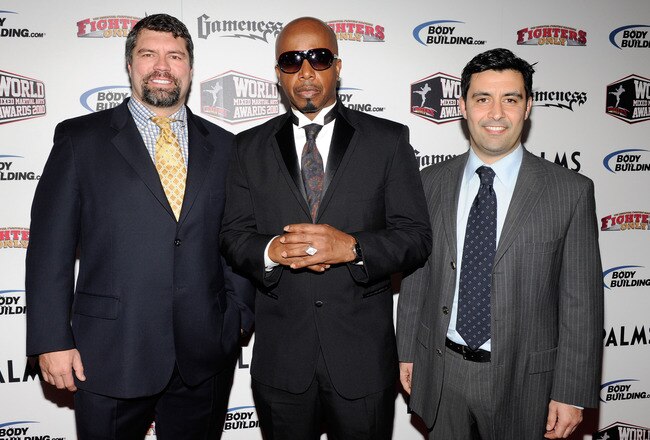 LAS VEGAS, NV - DECEMBER 01:  (L-R) Alchemist Management President Lex McMahon, CEO Hammer and Vice President of Business Affairs and General Counsel Nima Safapour arrive at the third annual Fighters Only World Mixed Martial Arts Awards 2010 at the Palms Casino Resort December 1, 2010 in Las Vegas, Nevada.  (Photo by Ethan Miller/Getty Images)