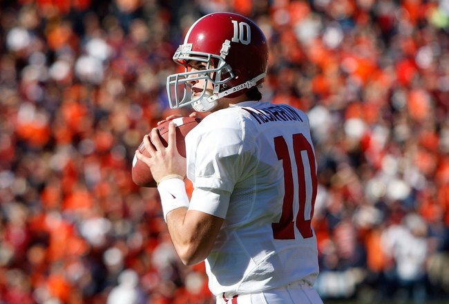 AUBURN, AL - NOVEMBER 27:  Backup quarterback A.J. McCarron #10 of the Alabama Crimson Tide against the Auburn Tigers at Jordan-Hare Stadium on November 27, 2009 in Auburn, Alabama.  (Photo by Kevin C. Cox/Getty Images)