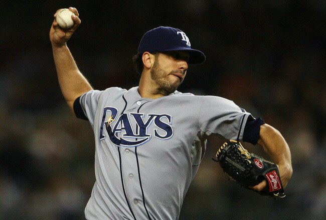 NEW YORK - SEPTEMBER 21:  James Shields #33 of the Tampa Bay Rays pitches against the New York Yankees on September 21, 2010 at Yankee Stadium in the Bronx borough of New York City.  (Photo by Andrew Burton/Getty Images)