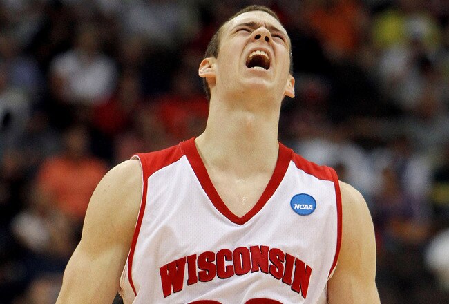 JACKSONVILLE, FL - MARCH 19:  Jon Leuer #30 of the Wisconsin Badgers celebrates after hitting a shot in the second half against the Wofford Terriers during the first round of the 2010 NCAA men's basketball tournament at Jacksonville Veteran's Memorial Arena on March 19, 2010 in Jacksonville, Florida. Wisconsin defeated Wofford 53-49.  (Photo by Doug Benc/Getty Images)
