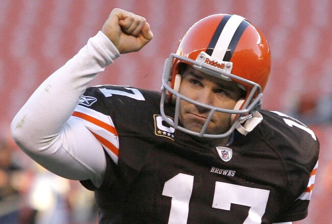 CLEVELAND - NOVEMBER 28:  Quarterback Jake Delhomme #17 of the Cleveland Browns celebrates after their game against the Carolina Panthers at Cleveland Browns Stadium on November 28, 2010 in Cleveland, Ohio.  (Photo by Matt Sullivan/Getty Images)