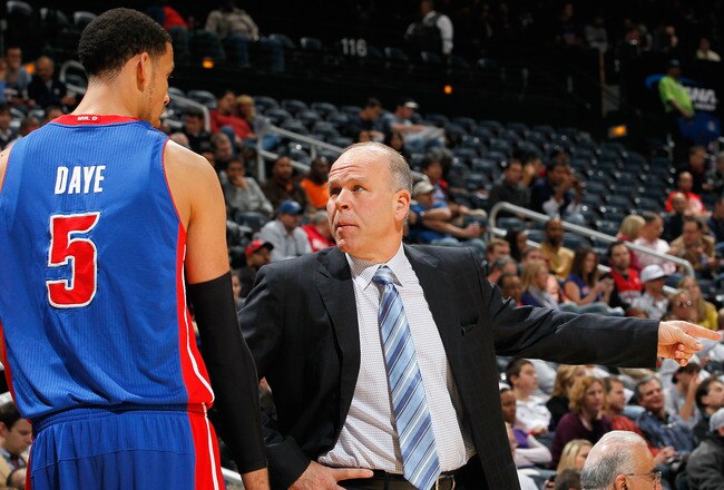 ATLANTA - NOVEMBER 03:  Head coach John Kuester and Austin Daye #5 of the Detroit Pistons against the Atlanta Hawks at Philips Arena on November 3, 2010 in Atlanta, Georgia.  NOTE TO USER: User expressly acknowledges and agrees that, by downloading and/or using this Photograph, User is consenting to the terms and conditions of the Getty Images License Agreement.  (Photo by Kevin C. Cox/Getty Images)
