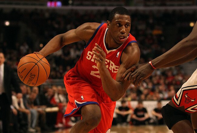 CHICAGO, IL - DECEMBER 21: Thaddeus Young #21 of the Philadelphia 76ers drives to the basket against the Chicago Bulls at the United Center on December 21, 2010 in Chicago, Illinois. The Bulls defeated the 76ers 121-76. NOTE TO USER: User expressly acknowledges and agrees that, by downloading and/or using this photograph, User is consenting to the terms and conditions of the Getty Images License Agreement.  (Photo by Jonathan Daniel/Getty Images)