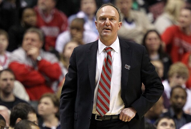 INDIANAPOLIS, IN - MARCH 13:  Head coach Thad Matta of the Ohio State Buckeyes looks on against the Penn State Nittany Lions during the championship game of the 2011 Big Ten Men's Basketball Tournament at Conseco Fieldhouse on March 13, 2011 in Indianapolis, Indiana. Ohio State won 71-60. (Photo by Andy Lyons/Getty Images)