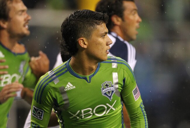 SEATTLE, WA - MARCH 15:  Fredy Montero #17 of the Seattle Sounders FC follows the play against the Los Angeles Galaxy at Qwest Field on March 15, 2011 in Seattle, Washington. (Photo by Otto Greule Jr/Getty Images)