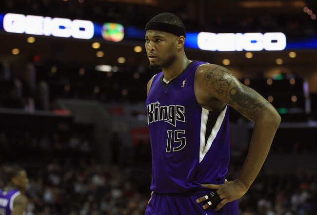 CHARLOTTE, NC - FEBRUARY 25:  DeMarcus Cousins #15 of the Sacramento Kings reacts to a call against the Charlotte Bobcats during their game at Time Warner Cable Arena on February 25, 2011 in Charlotte, North Carolina. NOTE TO USER: User expressly acknowledges and agrees that, by downloading and/or using this Photograph, User is consenting to the terms and conditions of the Getty Images License Agreement.  (Photo by Streeter Lecka/Getty Images)